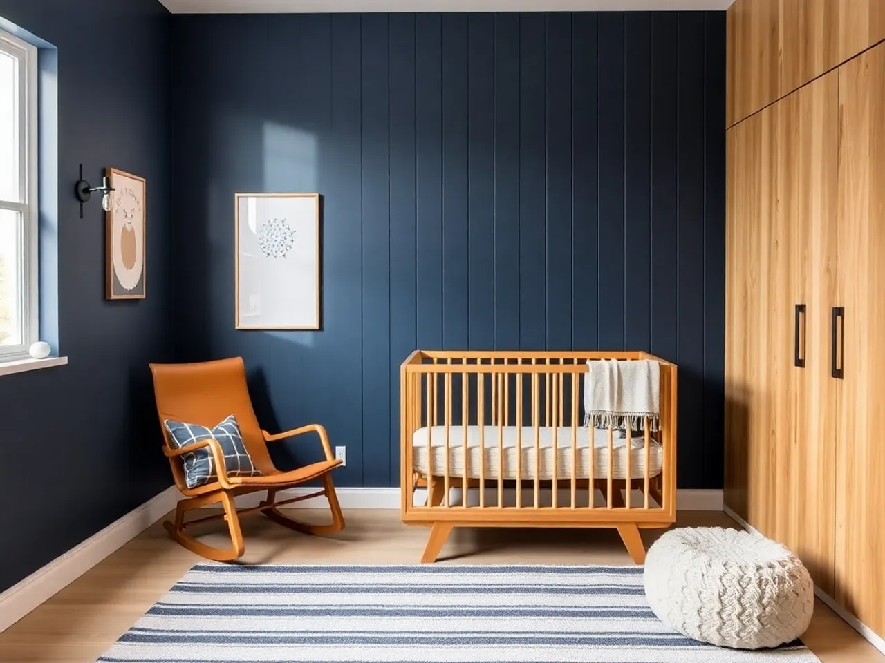 A baby boy nursery with a navy accent wall, oak crib, tan leather glider and striped rug