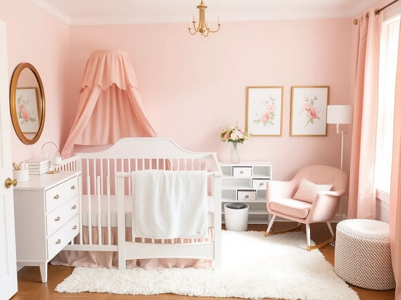 A nursery in blush and warm white with a white crib, dusty pink glider and arched mirror