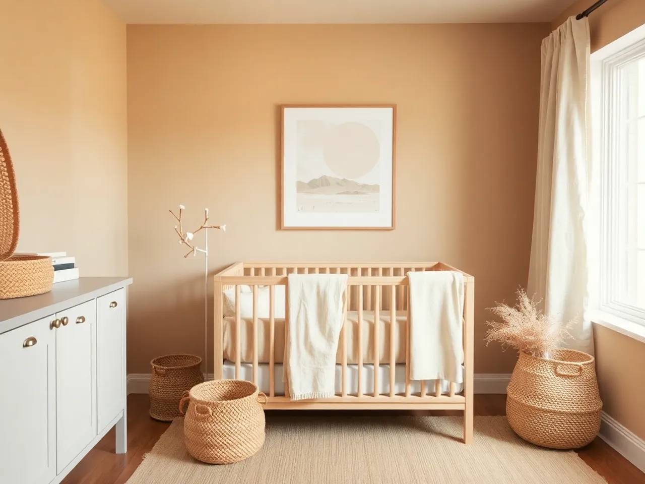 A nursery with warm beige walls, white oak crib, layered cream and tan textiles and a rattan basket