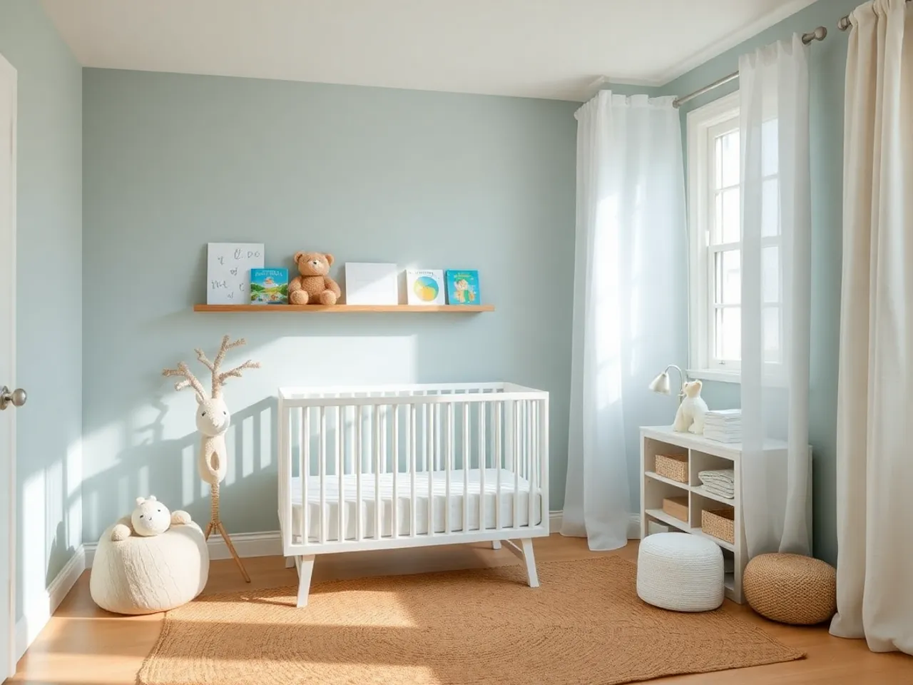 A nursery with soft dusty blue walls, white crib, jute rug and picture ledges with books