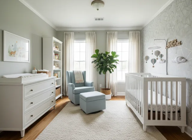 A gender neutral nursery in warm neutrals with a white crib, jute rug and natural wood accents