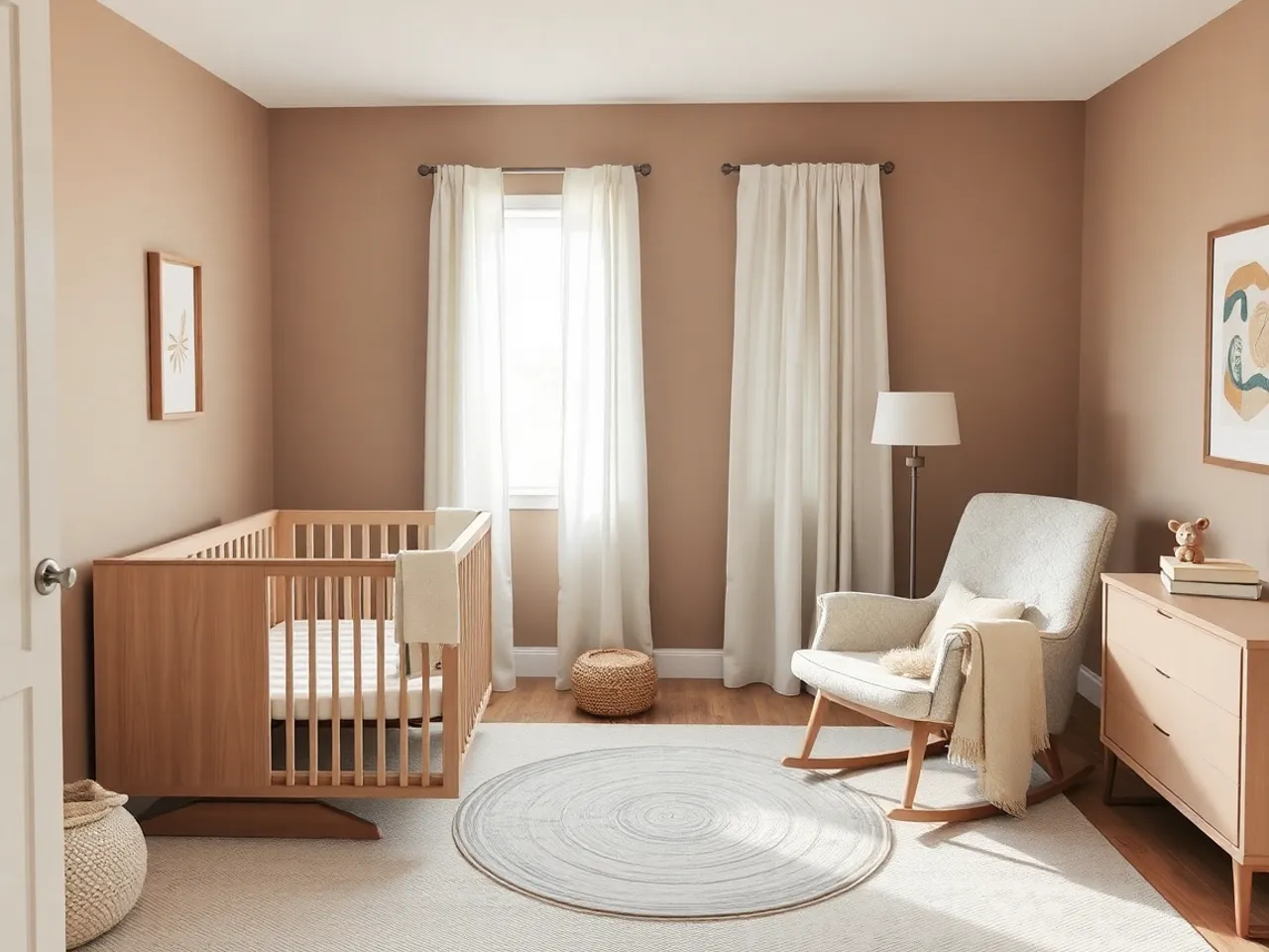 A warm greige nursery with a white oak crib, boucle glider and layered neutral rugs