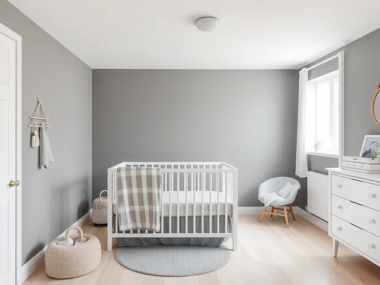 A nursery with cool grey walls, white crib and grey bedding under flat light