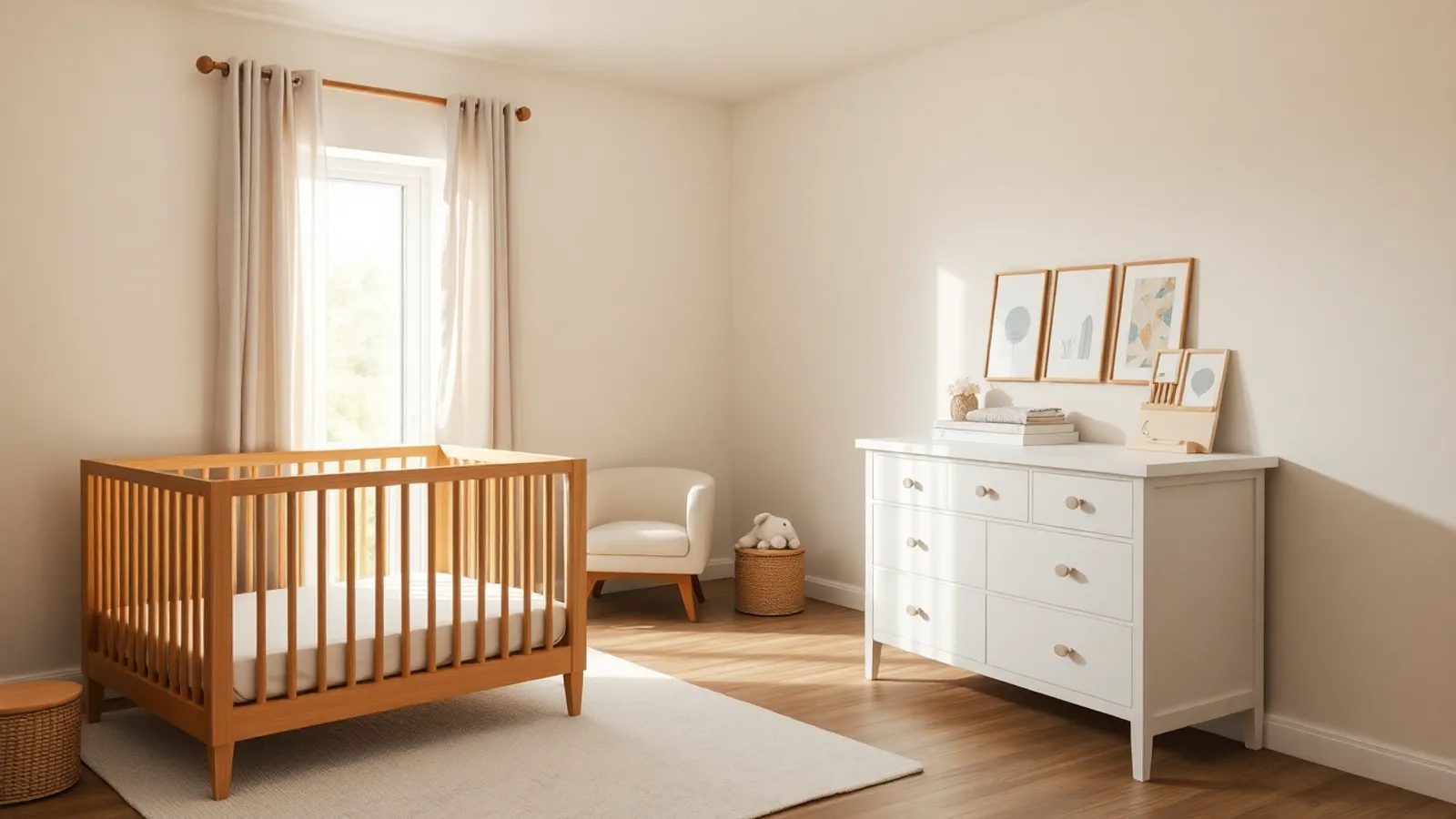 A calm nursery with a light oak crib, cream glider and white dresser used as a changing table