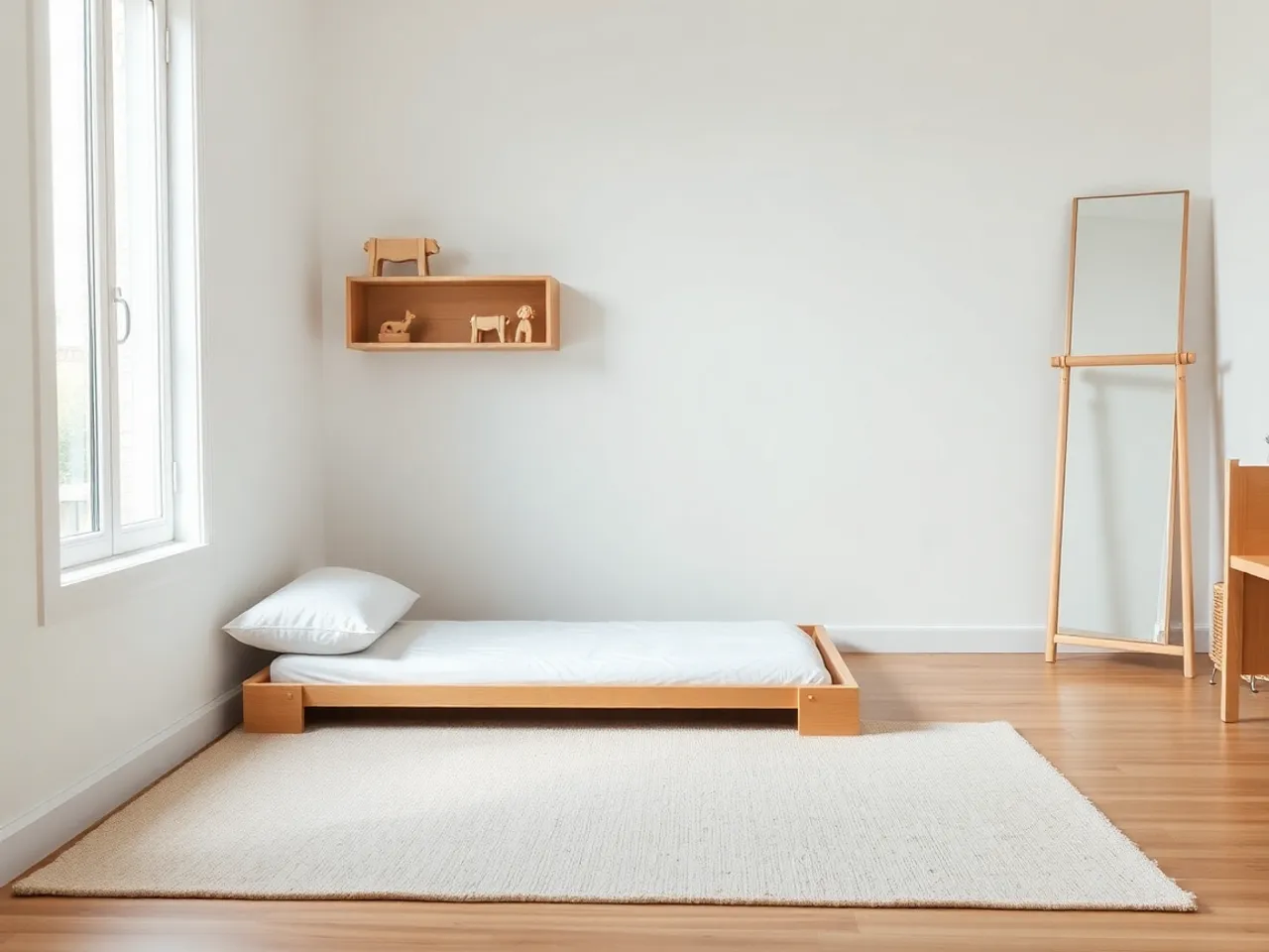 A Montessori style baby room with a floor bed, low open shelf, a mirror with a wooden pull-up bar and a neutral rug