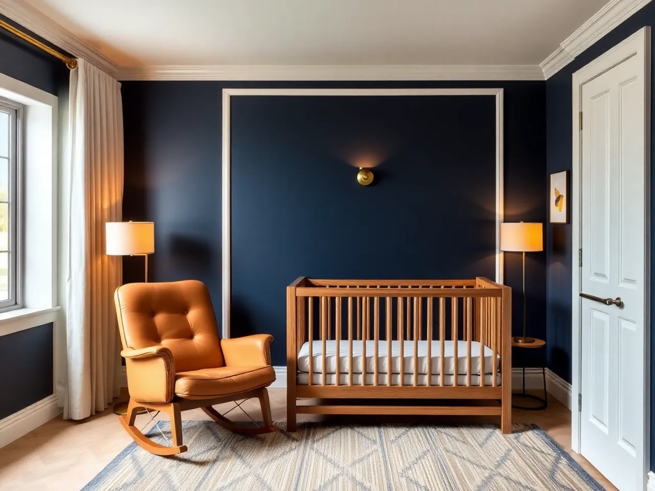 A nursery with a deep navy accent wall behind an oak crib, brass sconce and striped rug