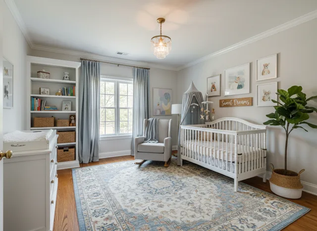 A newborn nursery with the crib on an interior wall and a glider positioned beside a small side table