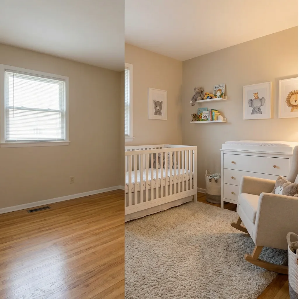 A beige spare bedroom on the left and the same room on the right after being designed as a nursery with a white crib, dresser and glider