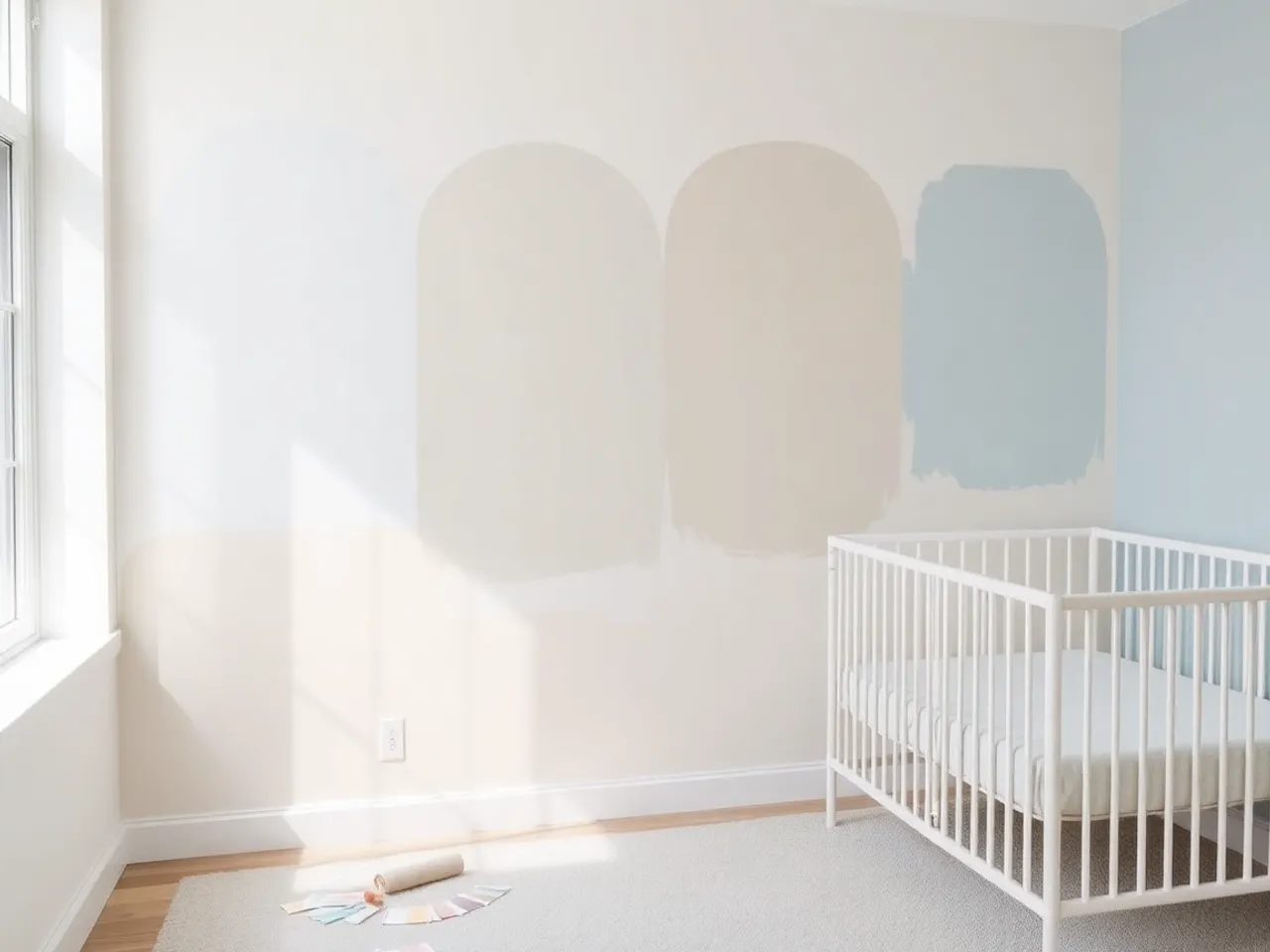 A nursery wall painted with four large paint test patches in warm white, greige, sage and pale blue