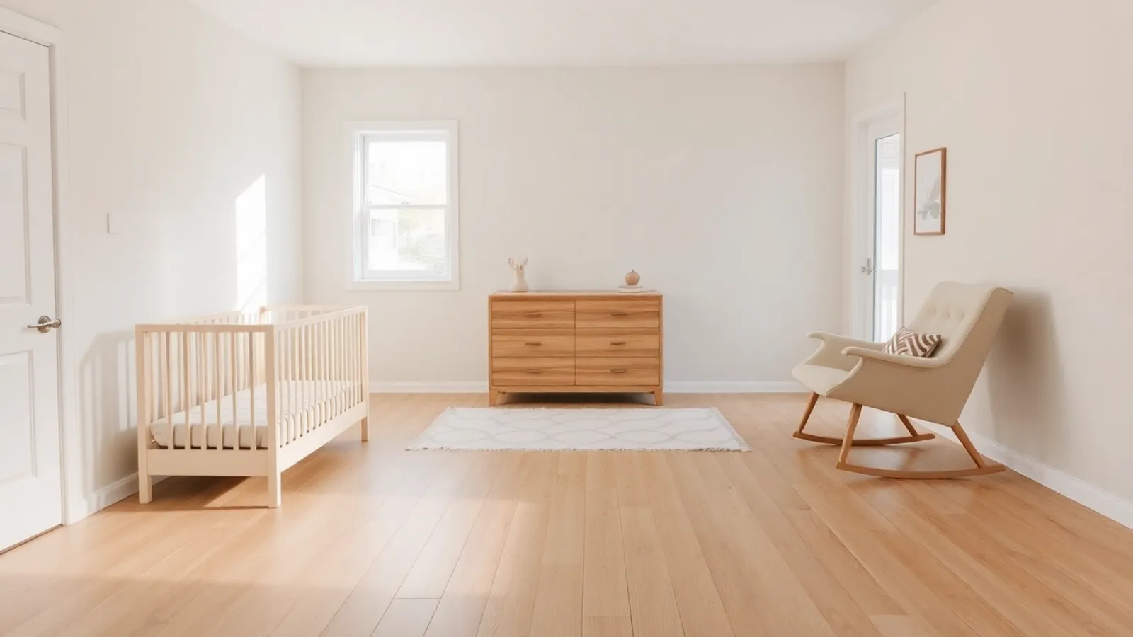 A wide view of a small nursery showing the crib on the interior wall and a clear walking path across the room