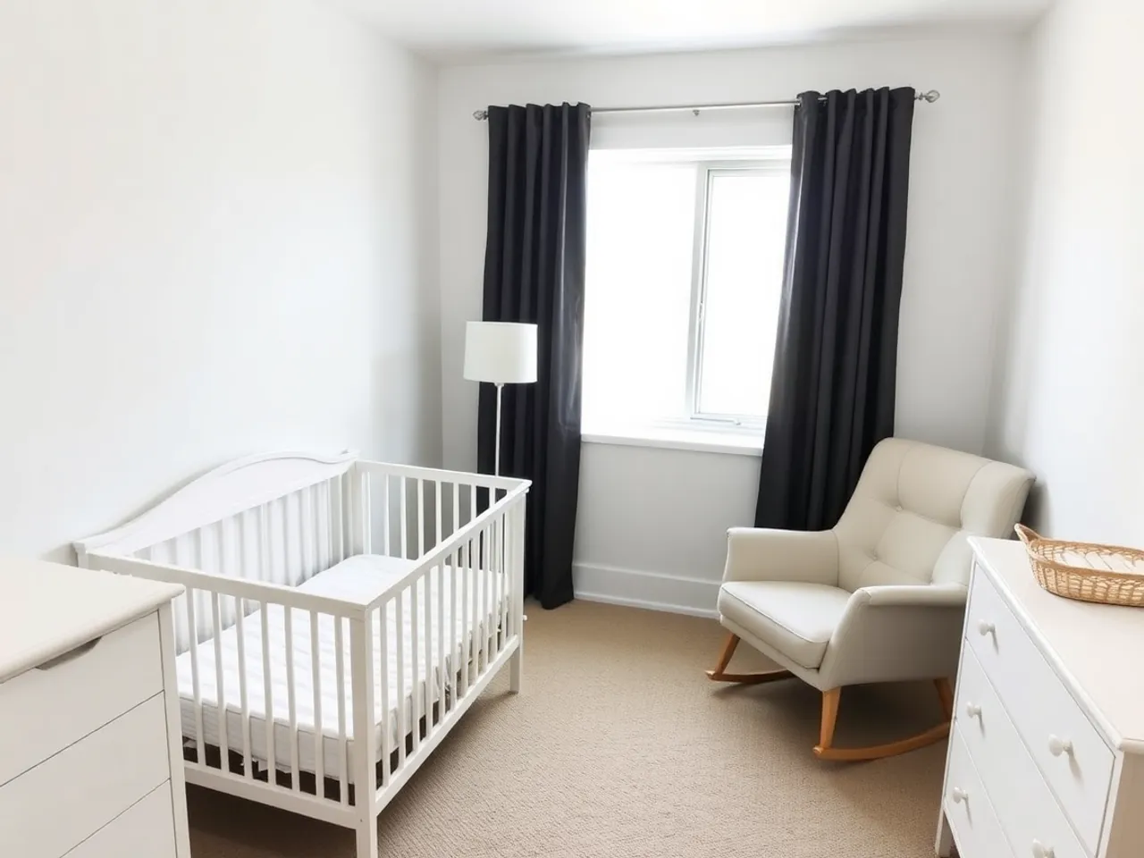 A minimal nursery with only a crib, a dresser with a changing pad and a glider