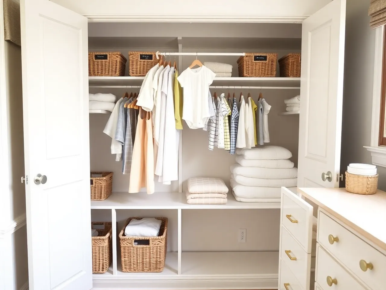 Woven baskets and natural texture storage in a neutral nursery closet