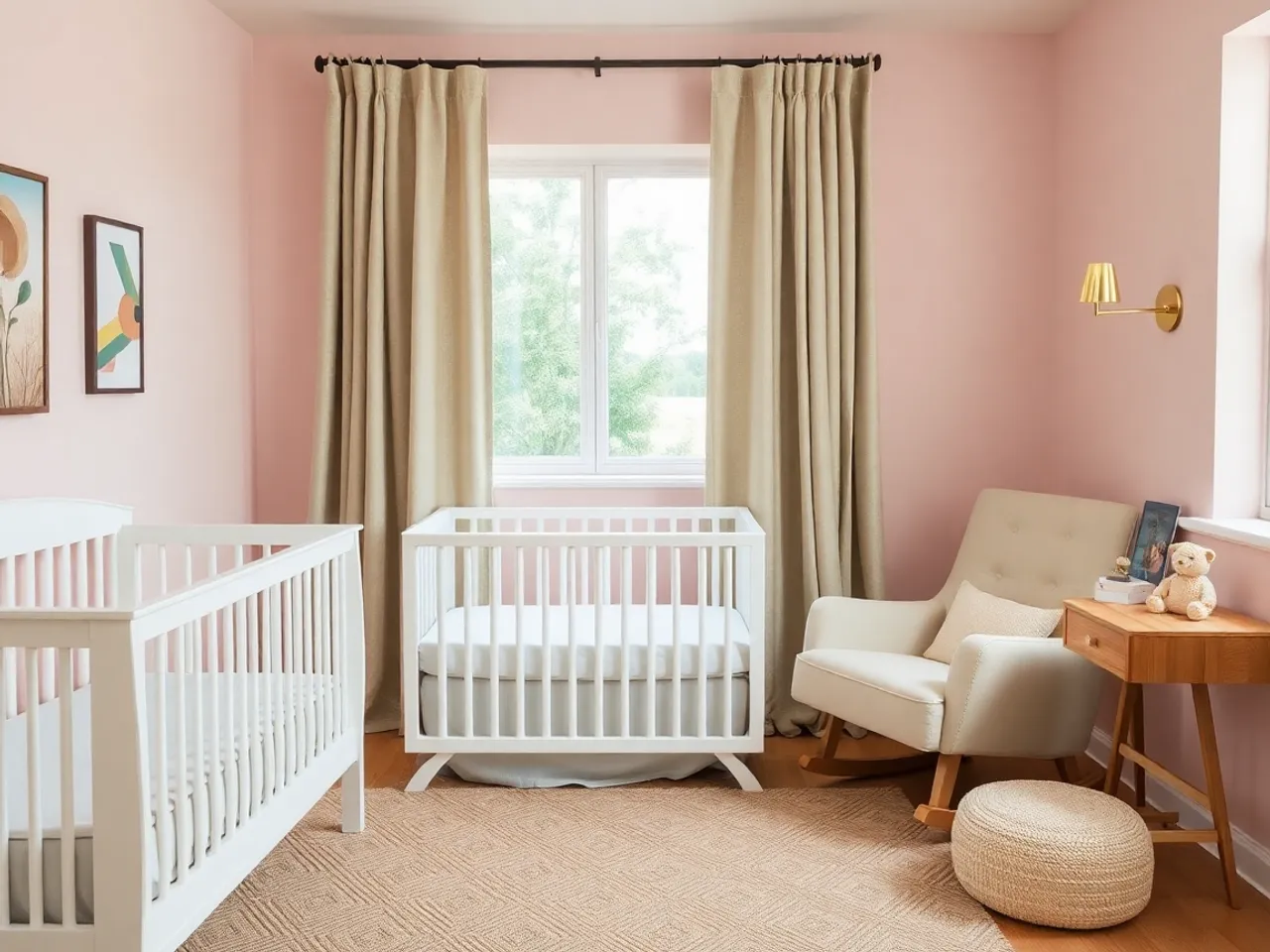 A nursery with soft blush pink walls, white crib, cream glider, oak side table and a jute rug