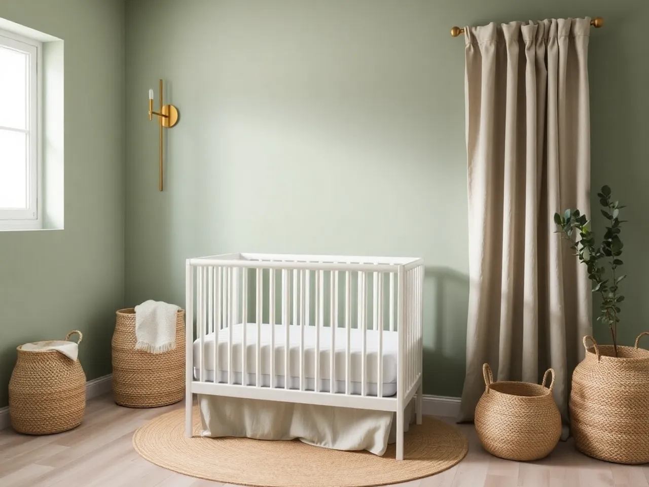 A sage green nursery with a white crib, jute rug, oatmeal linen curtains and brass sconce