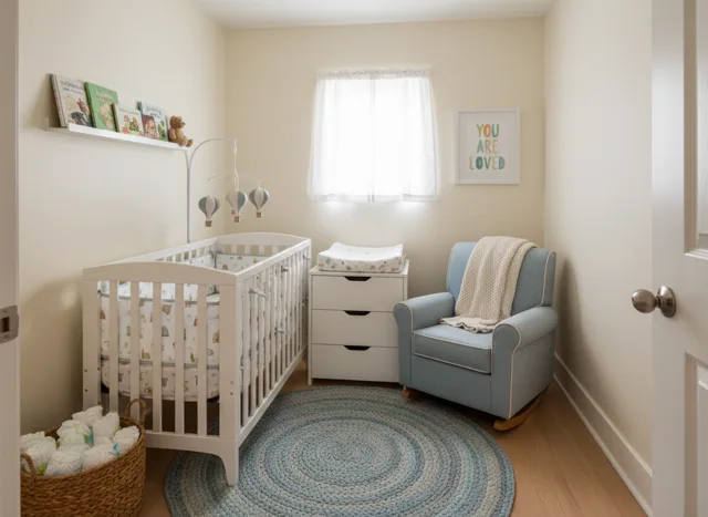A small nursery with the crib against the interior wall and a narrow dresser opposite