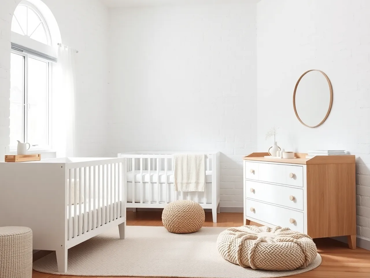 A bright white nursery with oak accents, sheer curtains and lots of natural light